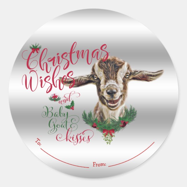 Sticker Rond CHÈQUE | Souhaits de Noël Bébé Chèvre Baisers Basc (Devant)