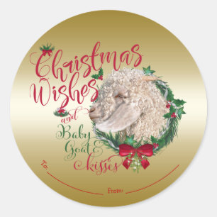 Sticker Rond CHÈQUE   Voeux de Noël Bébé Chèvre Baisers Angora