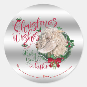 Sticker Rond CHÈQUE   Voeux de Noël Bébé Chèvre Baisers Angora