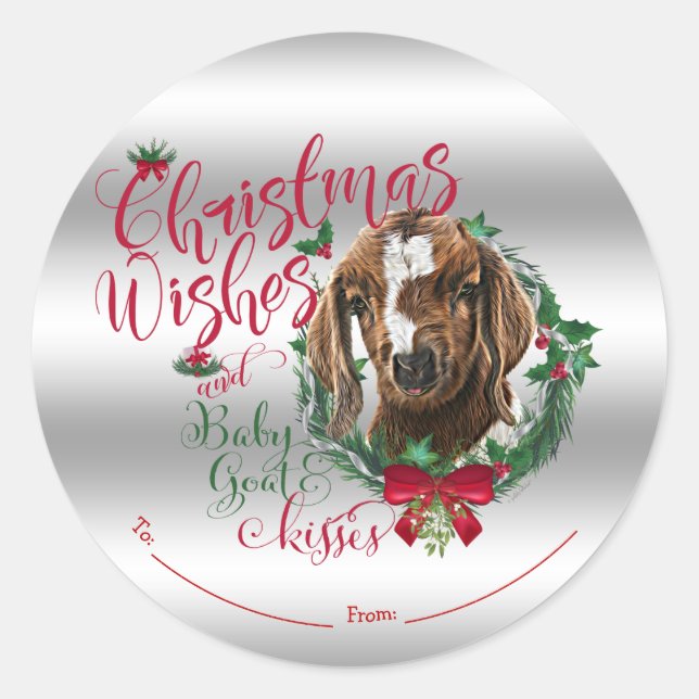 Sticker Rond CHÈQUE | voeux de Noël Bébé Chèvre Baisers Boer (Devant)