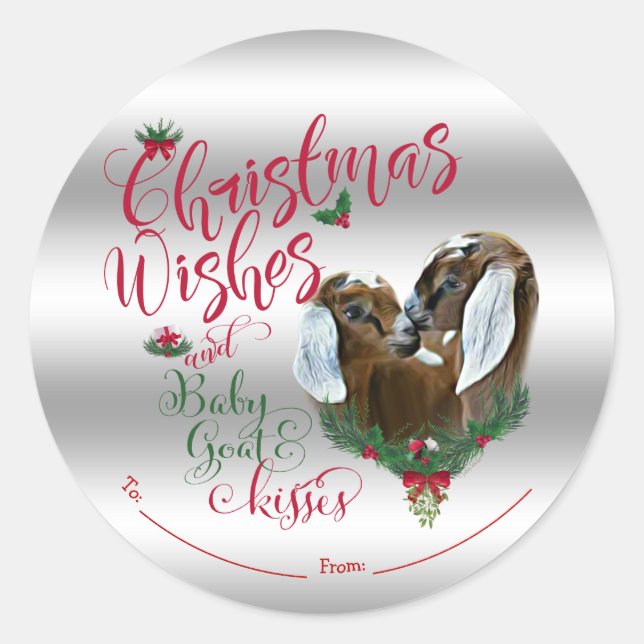 Sticker Rond CHÈQUE | voeux de Noël Bébé Chèvre Baisers Nubian  (Devant)