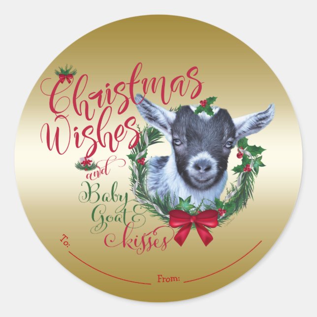 Sticker Rond CHÈQUE | voeux de Noël Bébé Chèvre Baisers Pygmée (Devant)