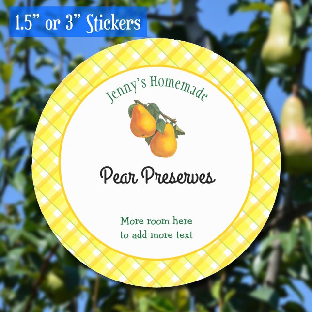 Sticker Rond Chèques Jaunes Plaid modifiables Pear Recette Stic (Pears retro yellow plaid canning sticker)