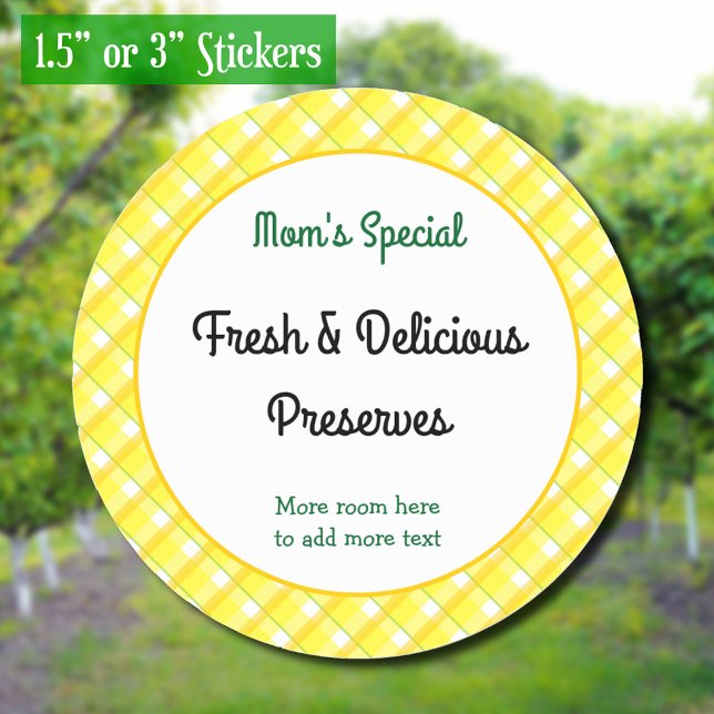 Sticker Rond Chèques Jaunes Plaid modifiables Rétro Canning (retro yellow plaid pattern editable canning pattern)