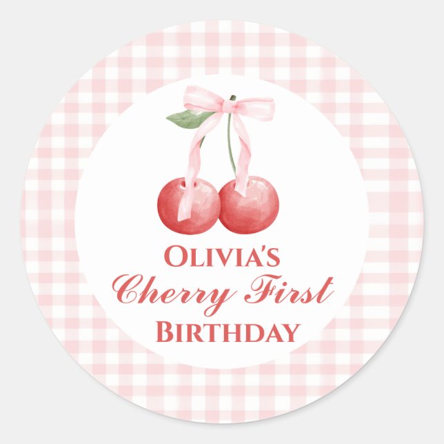 Sticker Rond Chercher premier anniversaire Pink Bow En vichy (Devant)