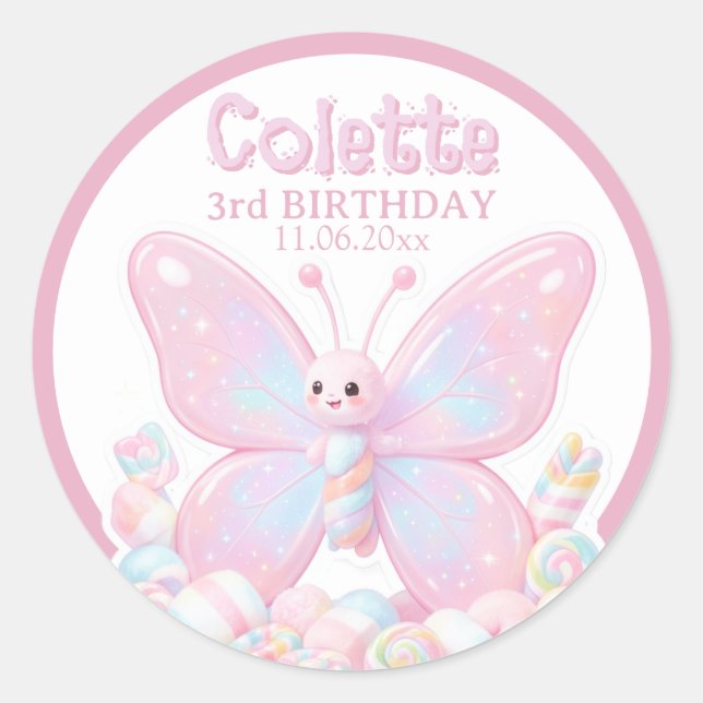 Sticker Rond Chérie Papillon Anniversaire Rose Fraise  (Devant)