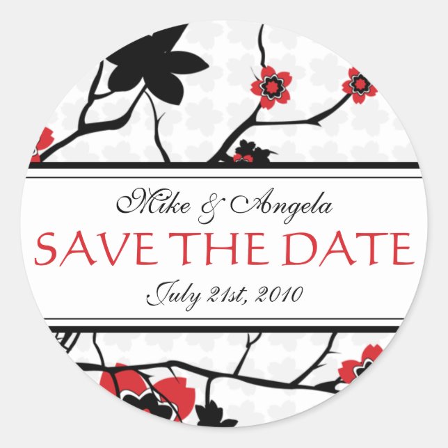 Sticker Rond Cherry Blossom Mariage moderne Enregistrer la date (Devant)