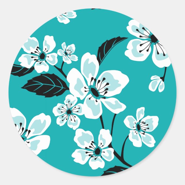 STICKER ROND CHERRY BLOSSOM - SAKURA (TURQUOISE) (Devant)