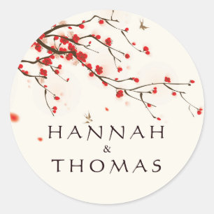 Sticker Rond Cherry Blossoms Mariage aquarelle personnalisée
