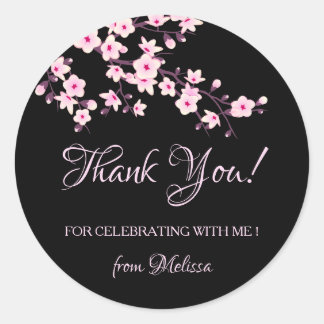 Sticker Rond Cherry Blossoms Pink Black Thank You
