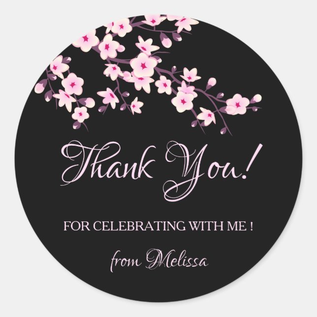 Sticker Rond Cherry Blossoms Pink Black Thank You (Devant)