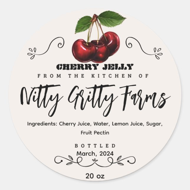 Sticker Rond Cherry Jam Jelly préserver Custom Canning Étiquett (Devant)