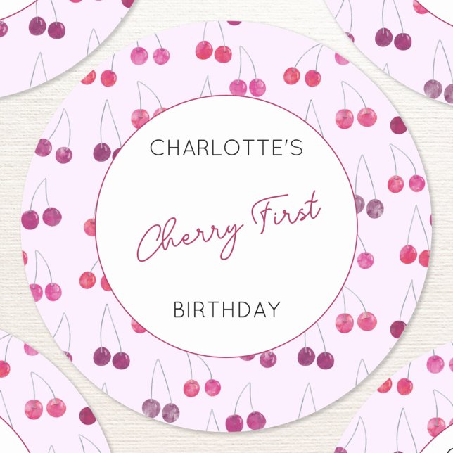 Sticker Rond Cherry Premier anniversaire aquarelle personnalisé (Cherries Cherry First birthday personalized stickers)