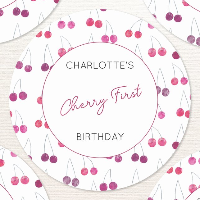 Sticker Rond Cherry Premier anniversaire aquarelle personnalisé (Cherries Cherry First birthday personalized stickers)