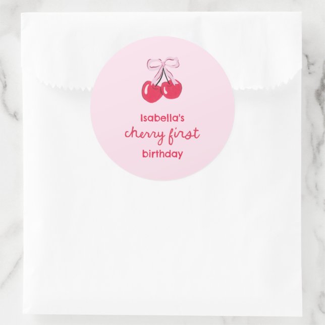 Sticker Rond Cherry Premier Anniversaire Coquette Bow Favoriser (Sac)