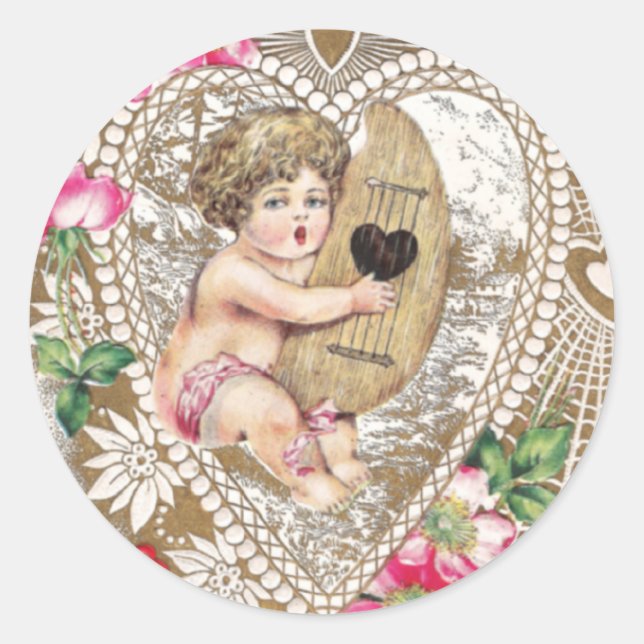 Sticker Rond Cherub Jouer à la harpe Illustration (Devant)