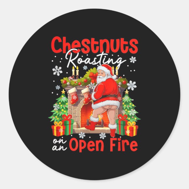 Sticker Rond Chestnuts Roasting On An Open Fire Funny Santa  (Devant)