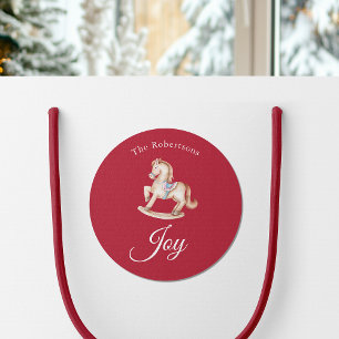 Sticker Rond Cheval à bascule à l'aquarelle Noël vintage