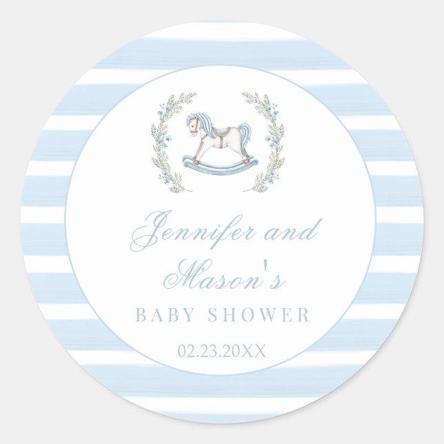 Sticker Rond Cheval à bascule bleu classique boho shower pour b (Devant)