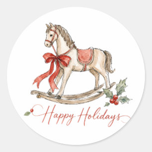 Sticker Rond Cheval à bascule de Noël à l'aquarelle