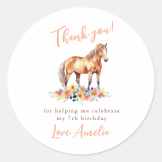 Sticker Rond Cheval Anniversaire Merci Pony Floral Pink