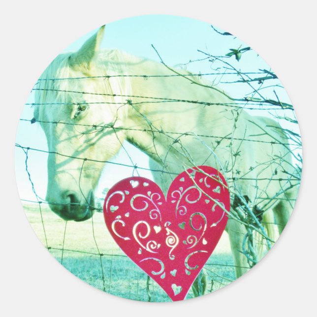 Sticker Rond Cheval Blanc Coeur Rouge Saint Valentin (Devant)