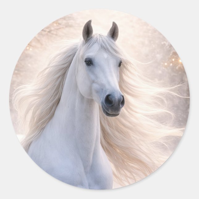 Sticker Rond Cheval blanc de vacances de Noël dans la neige (Devant)