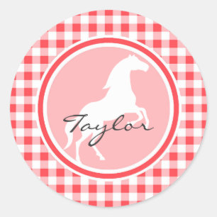 Sticker Rond Cheval blanc ; En vichy rouge et blanc