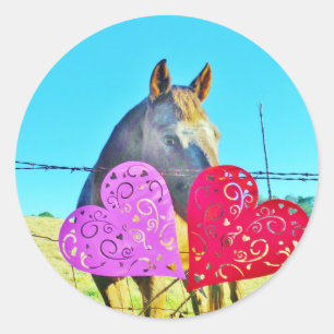 Sticker Rond Cheval blanc et Brown Valentine Coeurs
