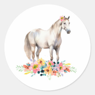 Sticker Rond Cheval blanc Pony Floral Aquarelle