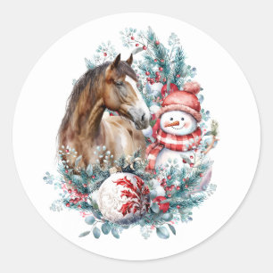 Sticker Rond Cheval bonhomme de neige aquarelle de Noël élégant