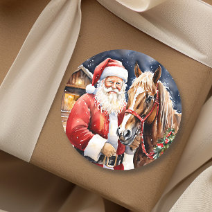 Sticker Rond Cheval Brown du Père Noël   Noël de ferme rustique