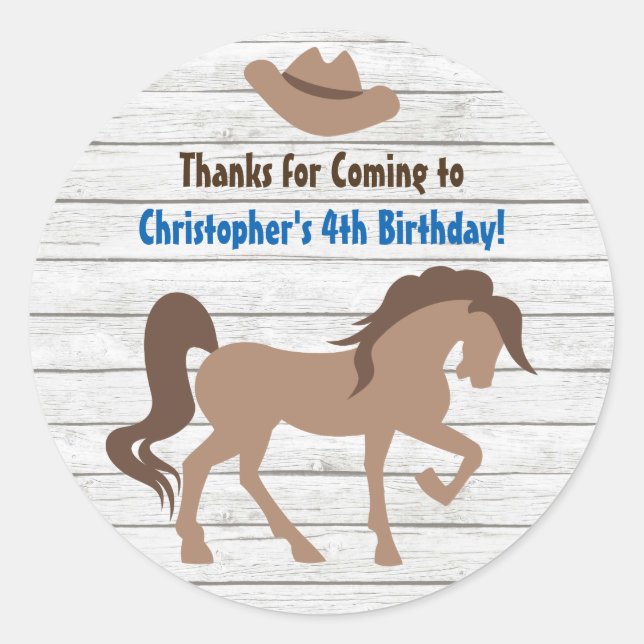 Sticker Rond Cheval Brown et Cowboy Casquette Occident Annivers (Devant)