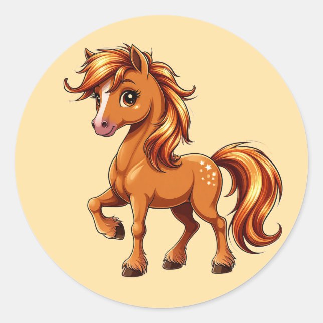 Sticker Rond Cheval Brun Animé Se Cabrant (Devant)