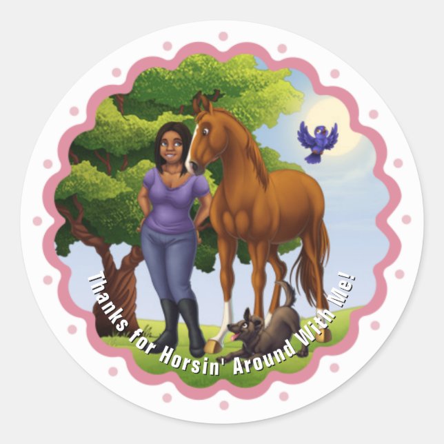 Sticker Rond Cheval châtaigne et fille (Devant)