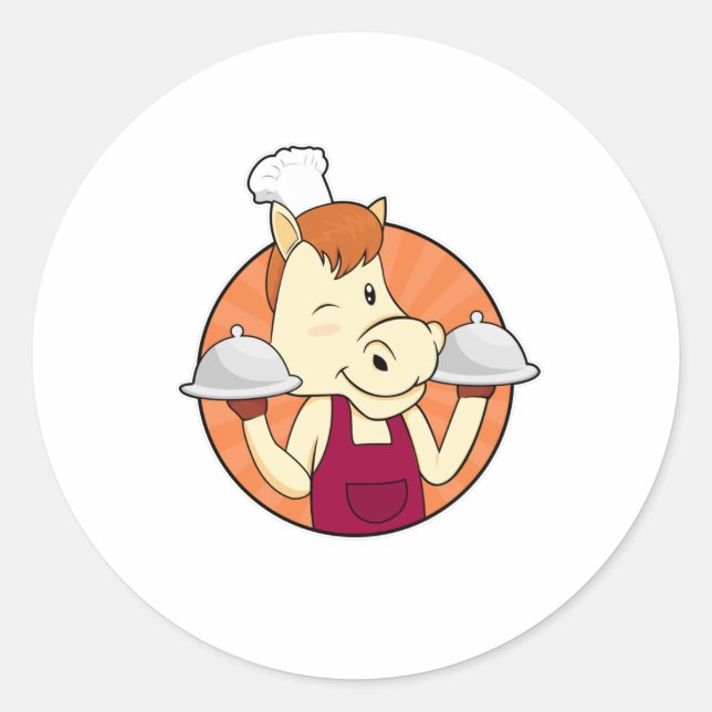Sticker Rond Cheval comme cuisinier avec plateaux de service (Devant)