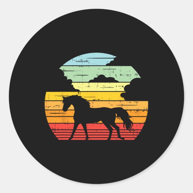 Sticker Rond Cheval Coucher de soleil Rétro équitation équitati (Devant)