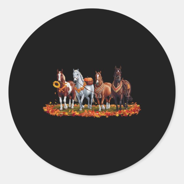 Sticker Rond Cheval d'automne animal Thanksgiving Citrouille Su (Devant)
