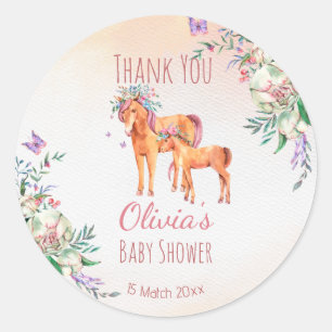 Sticker Rond Cheval de bébé rose pastel avec baby shower mère