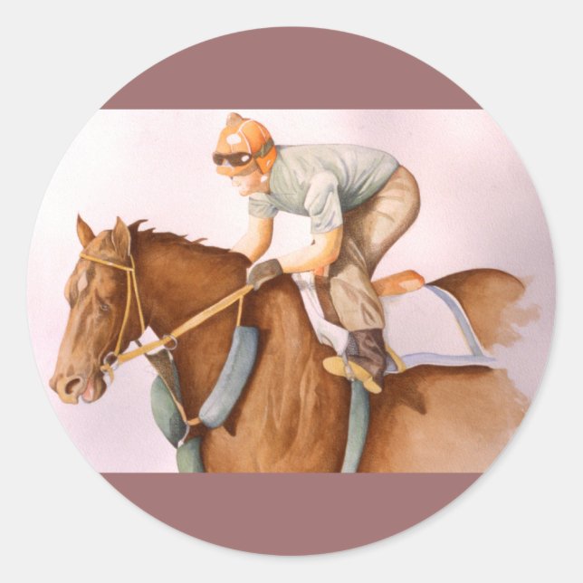 Sticker Rond Cheval de course et Jockey WaterColor (Devant)