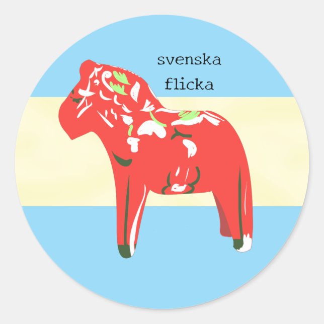 Sticker Rond Cheval de Dala suédois en bleu et jaune (Devant)