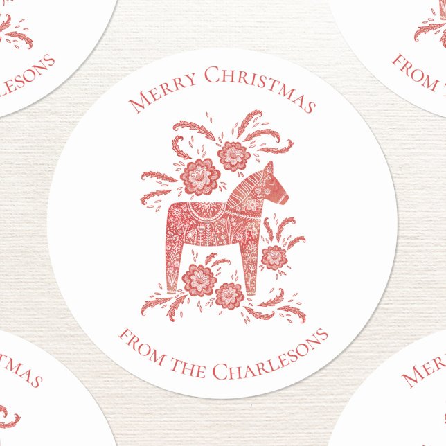 Sticker Rond Cheval de Dala suédois Noël rouge (Swedish Dala horse red and white Merry Christmas personalized stickers)