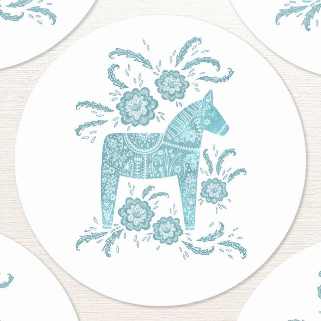 Sticker Rond Cheval de Dala suédois Turquoise et blanc (Swedish Dala Horse teal green and white folk art sticker)