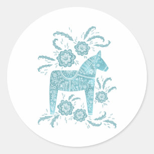 Sticker Rond Cheval de Dala suédois Turquoise vert et blanc
