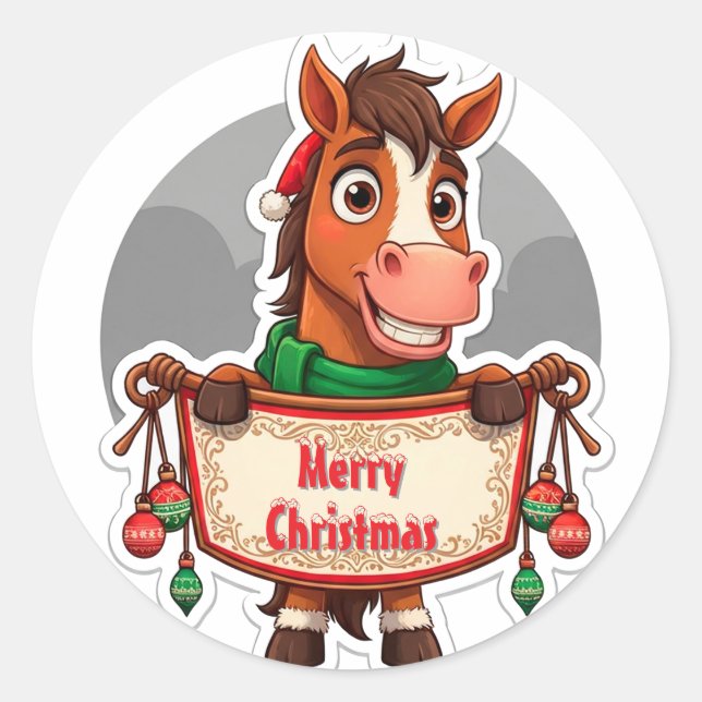 Sticker Rond Cheval de dessin animé de Noël joyeux (Devant)