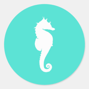 Sticker Rond Cheval de mer blanc sur Turquoise