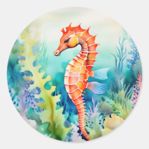 Sticker Rond Cheval de mer délicat avec aquarelle Coral Reef