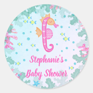 Sticker Rond Cheval De Mer Sous Le Baby shower Bleu De Mer