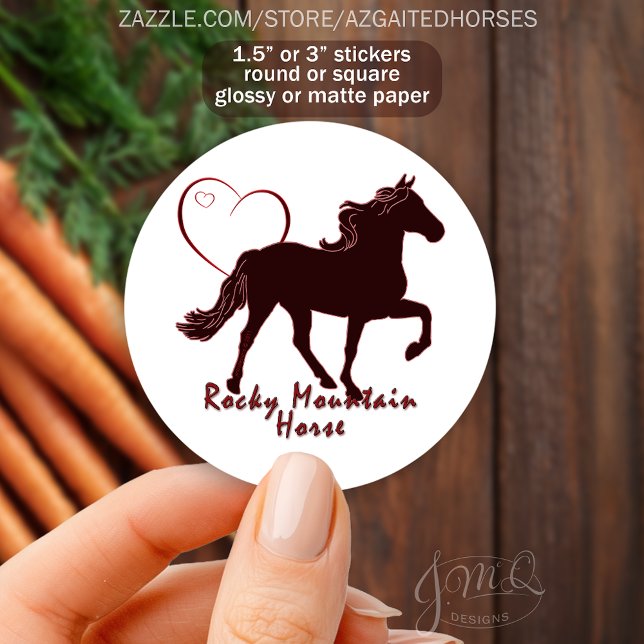 Sticker Rond Cheval de Montagne Rocheuse Silhouette Coeur éques (Sticker design with silhouette of Rocky Mountain Horse, heart outline, text reading Rocky Mountain.)