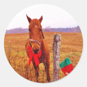 Sticker Rond Cheval de Noël avec arc & bas